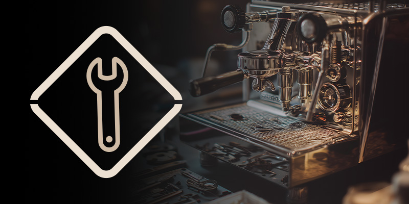image of an espresso machine with a wrench icon indicating maintenance and repair tips for coffee equipment related to 9 coffee machines
